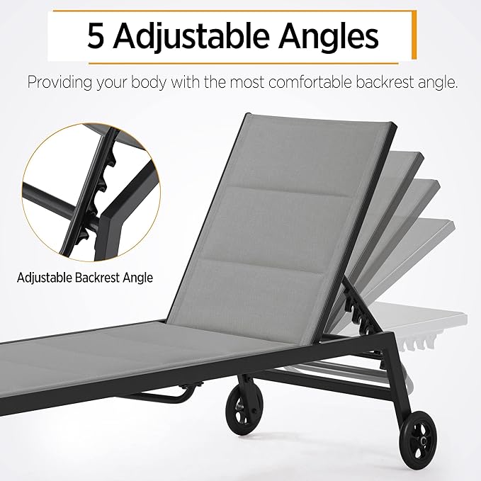 Yaheetech Outdoor Patio Chaise Lounge, All Weather Outdoor Lounge with Wheels, 5-Position Adjustable Recliner for Patio - Photo 3