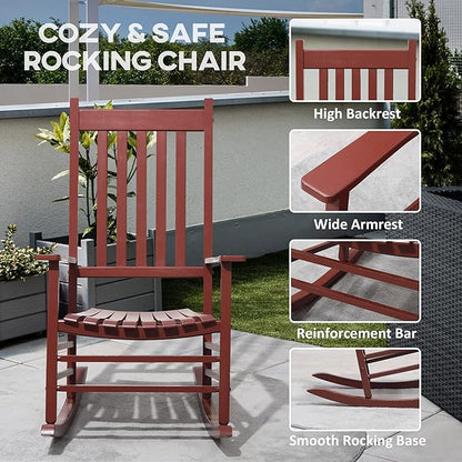 Outdoor Rocking Chair, Patio Wooden Rocking Chair with Smooth Armrests, High Back for Garden, Balcony, Porch, Supports Up to 352 lbs., Wine Red