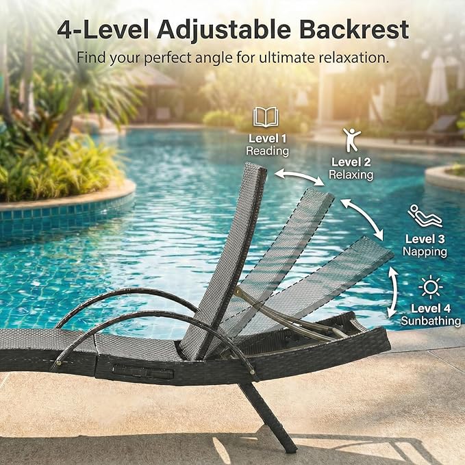 Wicker Outdoor Lounge Chairs with Pull Out Side Table, Pool Lounge Chairs Set of 4, Rattan Outdoor Lounger, Adjustable Backrest Patio Chaise Lounges for Garden, Backyard, Tanning Chair, Dark Brown