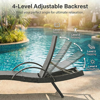 Wicker Outdoor Lounge Chairs with Pull Out Side Table, Pool Lounge Chairs Set of 6, Rattan Outdoor Lounger, Adjustable Backrest Patio Chaise Lounges for Garden, Backyard, Tanning Chair, Dark Brown
