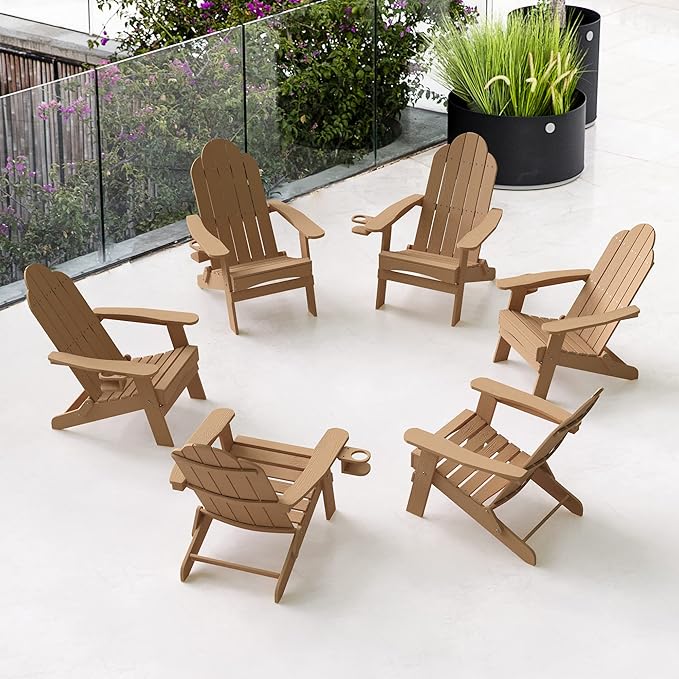 LUE BONA Folding Adirondack Chair Set of 6, HDPS Weather Resistant Patio Chair, 350lbs Heavy Duty, One-Step Folding for Balcony Garden, Wood Grain Texture, Outdoor Fire Pit Seating, Brown