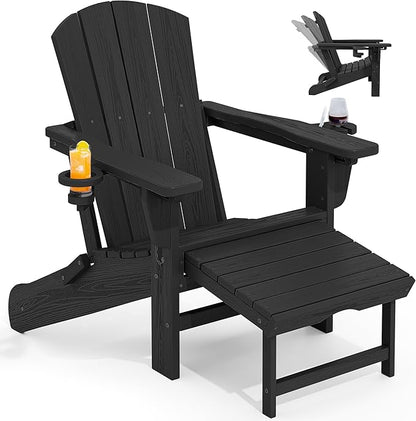 KINGYES Folding Adjustable Adirondack Chair with Retractable Ottoman, HDPE Recliner Adirondack Chair with Cup Holder, Black