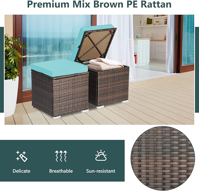 Tangkula 2 Pieces Patio Ottomans, Patiojoy Hand-Woven PE Rattan Side Table with Removable Cushion & Hidden Storage Space - Photo 7
