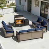 6 Pieces Wicker Patio 75" Sofa Set with 2 Armchairs, 2 Swivel Chairs, Fireplace - Photo 9