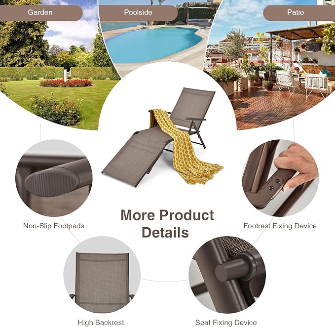 Giantex Patio Lounge Chair Foldable Chaise Lounger, Outdoor Sunbathing Chair W/ 5-Position Backrest, 2-Position Footrest, Steel Frame, Portable Recliner for Yard, Lawn Tanning Pool Chairs (2, Brown)