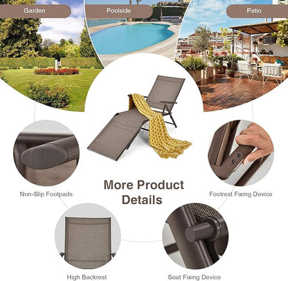 Giantex Patio Lounge Chair Foldable Chaise Lounger, Outdoor Sunbathing Chair W/ 5-Position Backrest, 2-Position Footrest, Steel Frame, Portable Recliner for Yard, Lawn Tanning Pool Chairs (2, Brown)