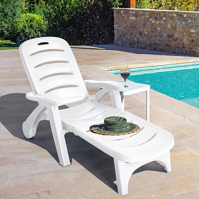 Tangkula Outdoor Chaise Lounge Chair, Adjustable 5-Position Recliner Chair with Built-in Wheels - Photo 4