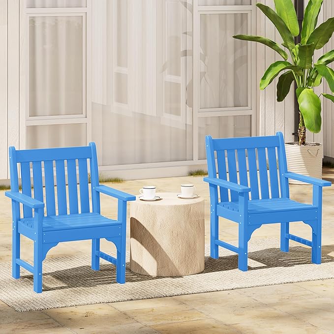 Costaelm Outdoor Dining Arm Chair, Patio HDPE Garden Dining Table Chair, Poly Lumber Waterproof Restaurant Bistro Farmhouse Chairs for Outside Porch Backyard, Pacific Blue