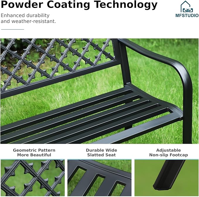 MFSTUDIO Outdoor Metal Bench Set of 2, 50" Black Outdoor Metal Garden Bench, Cast Iron Frame Patio Furniture with E-Coating, Perfect for Porch and Yard