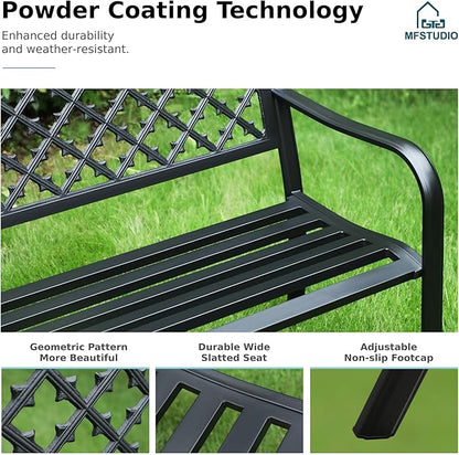 MFSTUDIO Outdoor Metal Bench Set of 2, 50" Black Outdoor Metal Garden Bench, Cast Iron Frame Patio Furniture with E-Coating, Perfect for Porch and Yard