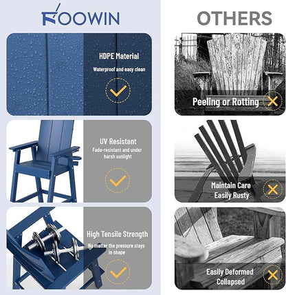 FOOWIN Tall Adirondack Chairs Set of 8,HDPE Adirondack Bar Stools with Connecting Tray & Cup Holders,Weather Resistant Balcony Chair for Outdoor Deck Lawn Pool Backyard Navy Blue