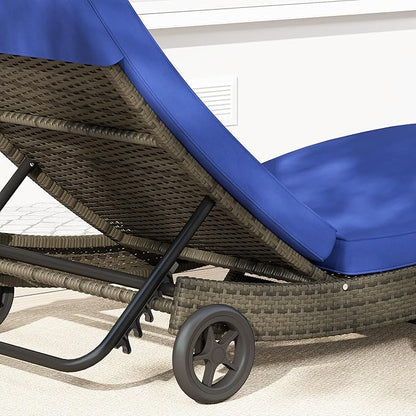 Outsunny Wicker Chaise Lounge Chair Outdoor with Wheels & Cushion, PE Rattan Patio Lounge Chair with 5-Level Adjustable Backrest for Poolside, Garden, Dark Blue