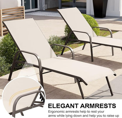 Crestlive Products Chaise Lounge Chair Outdoor with Armrests, Pool Lounge Chairs Set of 2, Aluminum Adjustable 5 Positions Sun Tanning Lounger for Patio, Poolside, Yard, Deck, Backyard (Champagne)