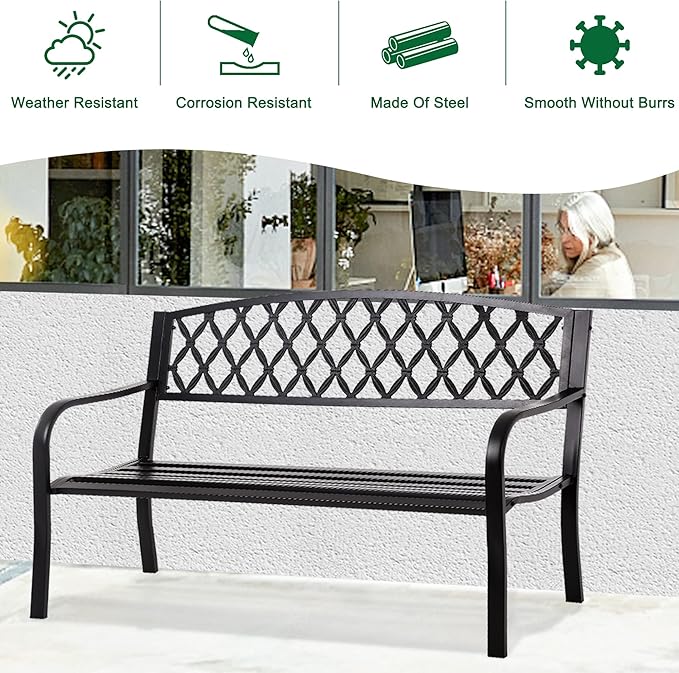 50-Inch Garden Bench,Park Outdoor Bench Metal Bench Clearance Yard Porch Chair with Steel Frame Outdoor Furniture for Backyard Entryway Deck Lawn, Black