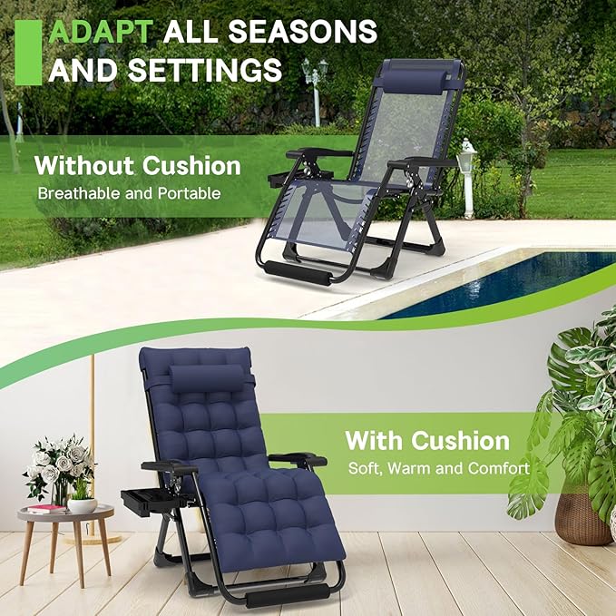 ZENPETIO 29In XL Zero Gravity Chair w/Cushion, Zero Gravity Recliner Lounge Chair for Indoor and Outdoor - Photo 5