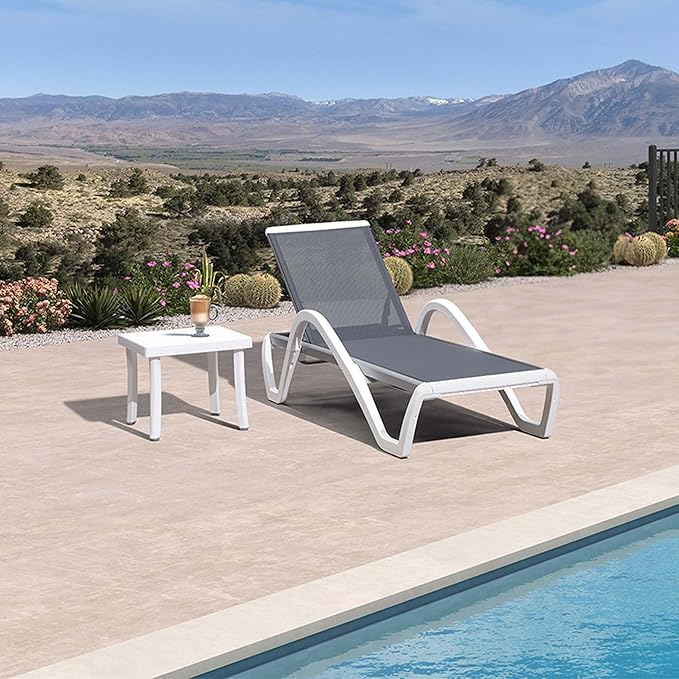 PURPLE LEAF Patio Chaise Lounge Chair Set Outside Aluminum Plastic Stackable Tanning Chairs with Armrests and Side Table for Pool Sunbathing Beach Deck Outdoor Lounger, Light Grey