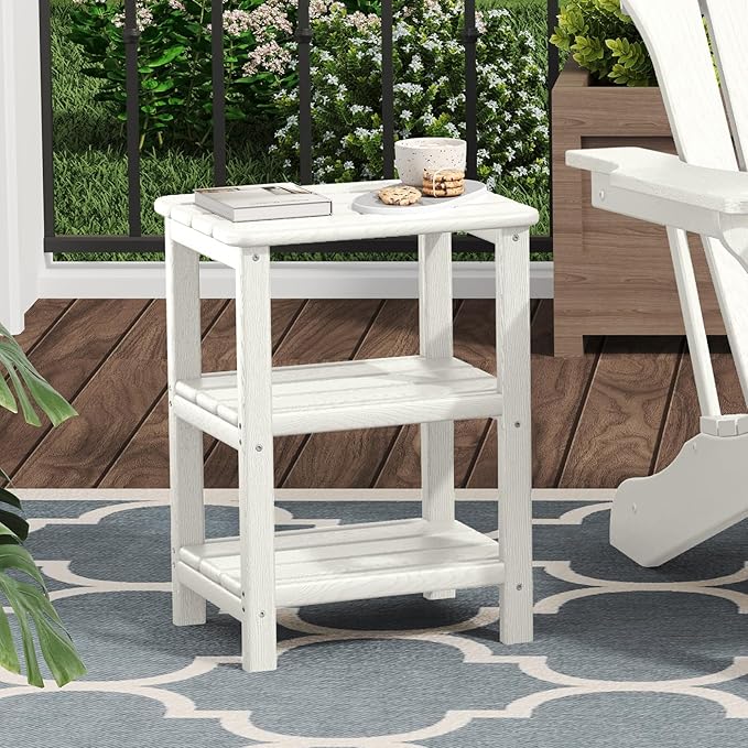 3 Tier Outdoor Side Table Adirondack Side Table HDPE End Table Patio Side Table Rectangle Tables for Outdoor Backyard Garden Balcony (Retro, White)