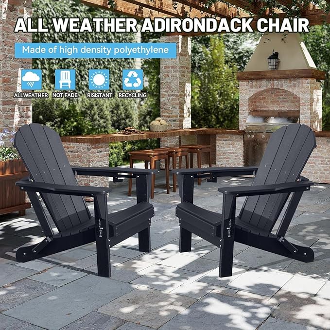 GOWE Adirondack Chairs Set of 2, Plastic Adirondack Chair, Adirondack Chairs, HDPE Adirondack Chair, Folding Adirondack Chairs, Outdoor Chairs with Cup Holder for Lawn Patio Deck Fire Pit -Black