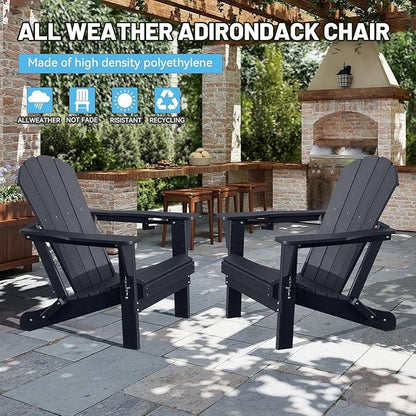 GOWE Adirondack Chairs Set of 2, Plastic Adirondack Chair, Adirondack Chairs, HDPE Adirondack Chair, Folding Adirondack Chairs, Outdoor Chairs with Cup Holder for Lawn Patio Deck Fire Pit -Black
