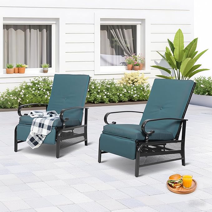 Incbruce Outdoor Lounge Chair Set of 2 Patio Furniture Adjustable Recliner with Retractable Steel Frame and Removable Thick Cushions - Peacock Blue