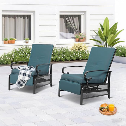 Incbruce Outdoor Lounge Chair Set of 2 Patio Furniture Adjustable Recliner with Retractable Steel Frame and Removable Thick Cushions - Peacock Blue