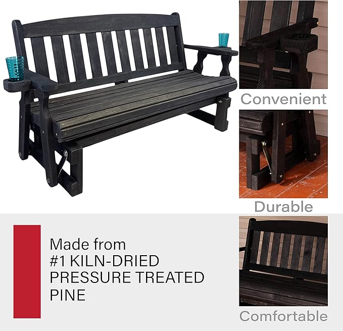 Amish Heavy Duty 800 Lb Mission Pressure Treated Porch Glider with Cupholders (5 Foot, Semi-Solid Black Stain) - Photo 6
