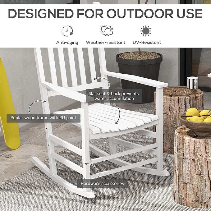 Outsunny Outdoor Rocking Chair Set of 2 with Side Table, Patio Wooden Rocking Chair with Smooth Armrests, High Back for Garden, Balcony, Porch, Supports Up to 352 lbs, White