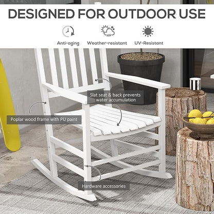 Outsunny Outdoor Rocking Chair Set of 2 with Side Table, Patio Wooden Rocking Chair with Smooth Armrests, High Back for Garden, Balcony, Porch, Supports Up to 352 lbs, White