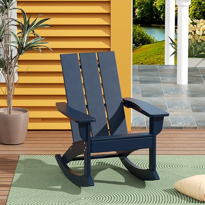 WestinTrends Ashore Patio Rocking Chair, All Weather Poly Lumber Plank Adirondack Rocker Chair, Modern Farmhouse Outdoor Rocking Chairs for Porch Garden Backyard and Indoor, Navy Blue