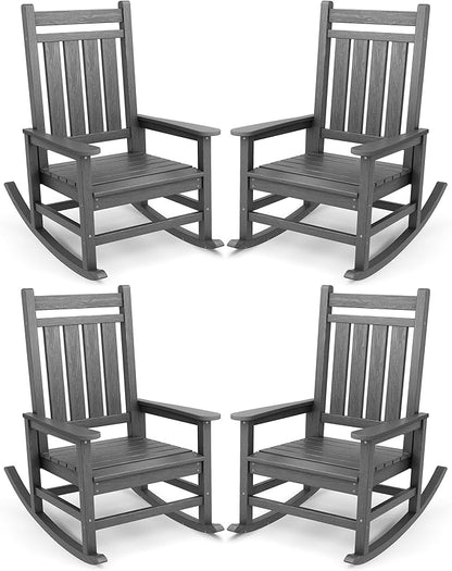 SERWALL Oversized Outdoor Rocking Chair Set of 4, HDPE Rocker for Adults, Patio Rocking Chairs for Porch, Grey