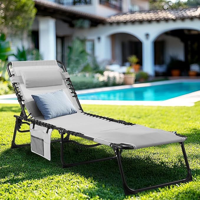 Unovivy Tanning Chairs with Face Hole Set of 2, Teslin Folding Outdoor Lounge Chair with 5-Position Reclining Back for Sunbathing, Pool, Patio, Camping
