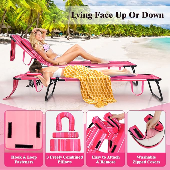 Giantex 2-Pack Tanning Chair, 350lbs Adjustable Patio Lounge Chair w/Face Hole, Removable Pillows, Carry Strap, Outdoor Folding Chaise Lounge for Layout Beach Poolside Lawn, Stripe Pink
