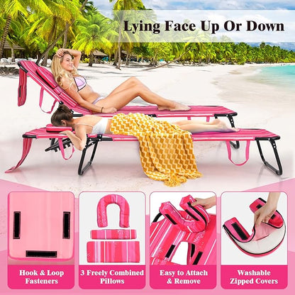 Giantex 2-Pack Tanning Chair, 350lbs Adjustable Patio Lounge Chair w/Face Hole, Removable Pillows, Carry Strap, Outdoor Folding Chaise Lounge for Layout Beach Poolside Lawn, Stripe Pink