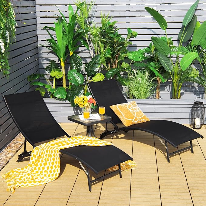 Giantex Outdoor Chaise Lounge Set of 2, Foldable Pool Lounge Chairs with 5-Position Adjustable Backrest, Quick-Drying Fabric, Patio Lounger for Backyard, Beach, Lawn, Sunbathing Recliner, Black
