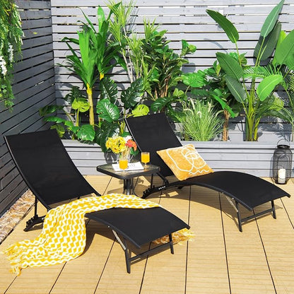 Giantex Outdoor Chaise Lounge Set of 2, Foldable Pool Lounge Chairs with 5-Position Adjustable Backrest, Quick-Drying Fabric, Patio Lounger for Backyard, Beach, Lawn, Sunbathing Recliner, Black