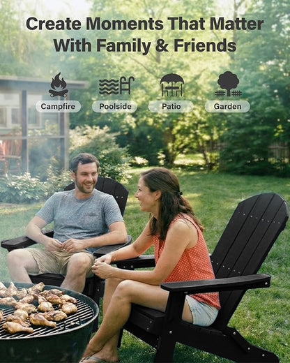 YEFU Adirondack Chair, Foldable Oversized Plastic Adirondack Chair Set of 4 with Cup Holder, Patio Chair with Weather Resistant for Outside Deck Lawn, Weight Capacity Up to 400 Lbs –Black