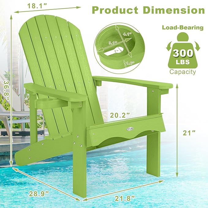 Y&M Adirondack Chair Set of 2, Lime Fire Pit Chairs, Outdoor Patio Chairs with Cup Holder, Weather Resistant HDPE Wooden Textured Patio Chairs, Perfect for Garden, Lawn, Deck, or Poolside