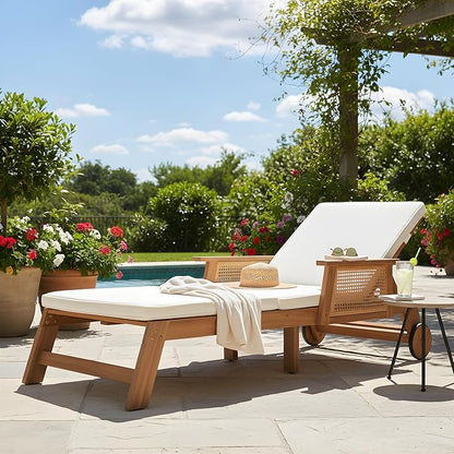 Merax Retro Acacia Wood Outdoor Chaise Lounge with Wheels & 3-Position Adjustable Backrest, Vintage Wicker Design Sun Lounger with Plush Removable Cushion for Patio, Garden & Poolside, Acacia Wood