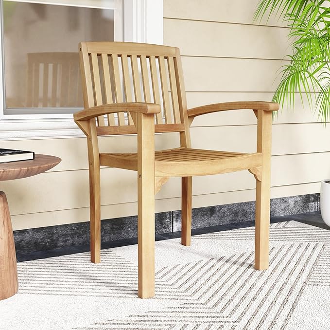 Tangkula Outdoor Patio Wood Dining Chair, Teak Wood Armchair with Slatted Seat & Curved Seat, Ergonomic Armrests, Solid Wooden Legs, for Balcony, Poolside, Porch, Yard (1)
