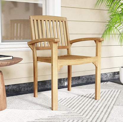 Tangkula Outdoor Patio Wood Dining Chair, Teak Wood Armchair with Slatted Seat & Curved Seat, Ergonomic Armrests, Solid Wooden Legs, for Balcony, Poolside, Porch, Yard (1)