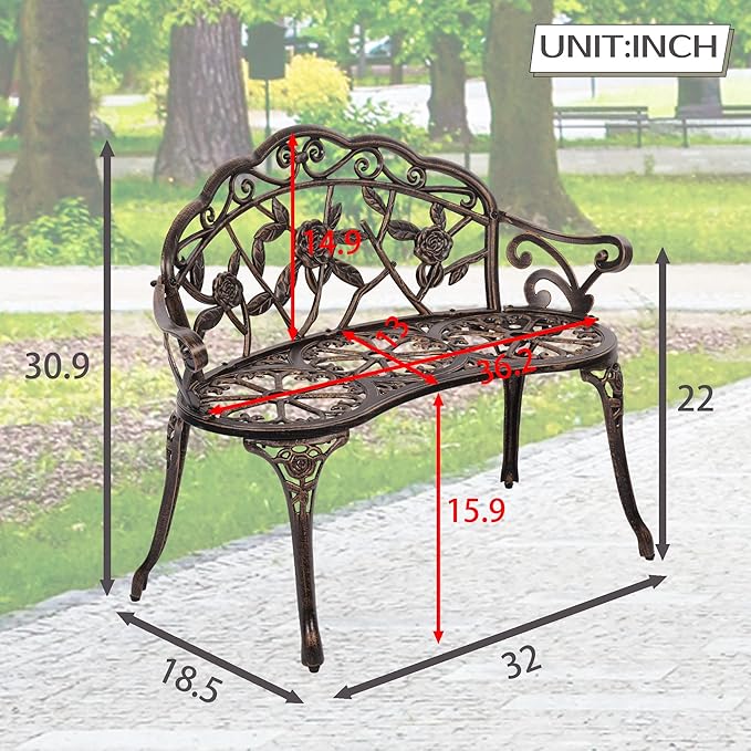 Metal Outdoor Bench Garden Bench Patio Park Bench Porch Bench with Armrests Floral Rose Accent for Indoor/Outdoor Garden Patio Porch,Bronze