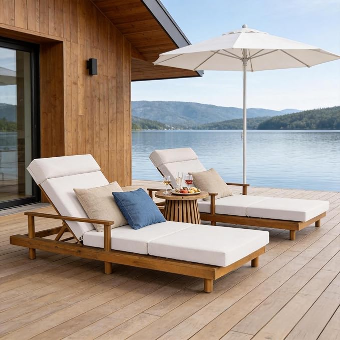 Merax Acacia Wood Outdoor Chaise Lounge Chair with Thick 4-Fold Cushion & Headrest, 3-Position Adjustable Backrest, Modern 76.8" L Large Patio Pool Sun Lounger for Garden Beach Yard, Cream+Teak