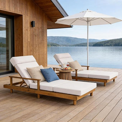 Merax Acacia Wood Outdoor Chaise Lounge Chair with Thick 4-Fold Cushion & Headrest, 3-Position Adjustable Backrest, Modern 76.8" L Large Patio Pool Sun Lounger for Garden Beach Yard, Cream+Teak