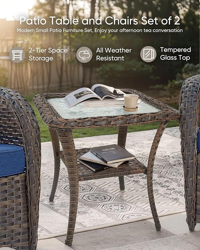 HUMMUH Patio Side Table Outdoor PE Wicker,Rattan End Table Glass Top Coffee Table with Storage Brown