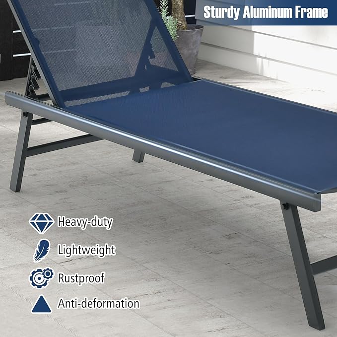 Tangkula 3 Piece Patio Chaise Lounge Set, Aluminum Patio Recliner with Coffee Table, 6-Level Backrest Adjustment, Outdoor Lounge Chair & Side Table Set for Poolside, Backyard (Navy Blue)