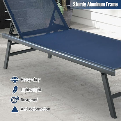 Tangkula 3 Piece Patio Chaise Lounge Set, Aluminum Patio Recliner with Coffee Table, 6-Level Backrest Adjustment, Outdoor Lounge Chair & Side Table Set for Poolside, Backyard (Navy Blue)
