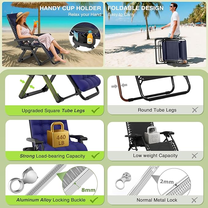 Suteck Zero Gravity Chair, Reclining Camping Lounge Chair w/Removable Cushion, Upgraded Lock and Cup Holder - Photo 5