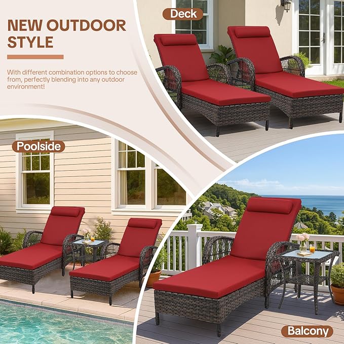 HOMEDIARY 2-Piece Outdoor Wicker Lounge Chairs with Cushion, Rattan Patio Chaise Loungers with 6-Level Backrest, All Weather Lay Flat Pool Sunbathing Recliner Chair, Armrest and Head Pillow, Red
