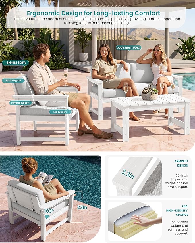 SERWALL HDPE Outdoor Loveseat with Cushions, All Weather Use Outdoor Loveseat Sofa, White Frame/Khaki Cushion - Photo 2