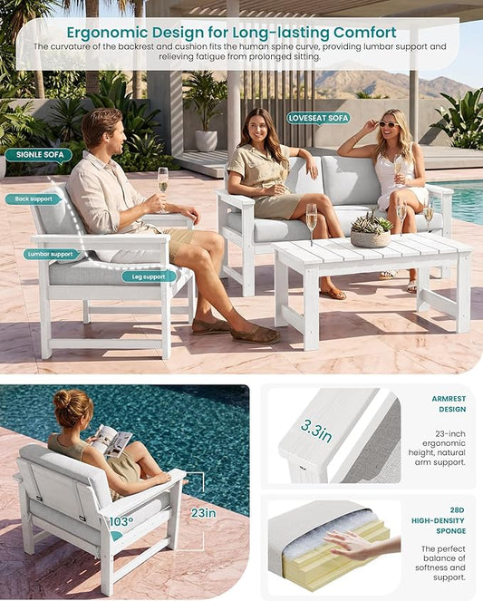 SERWALL HDPE Outdoor Loveseat with Cushions, All Weather Use Outdoor Loveseat Sofa, White Frame/Khaki Cushion
